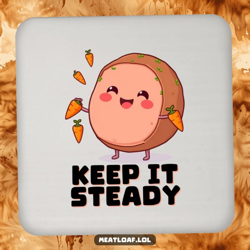Funny drink coaster featuring a smiling meatloaf character juggling carrots, adding a humorous touch to any surface.