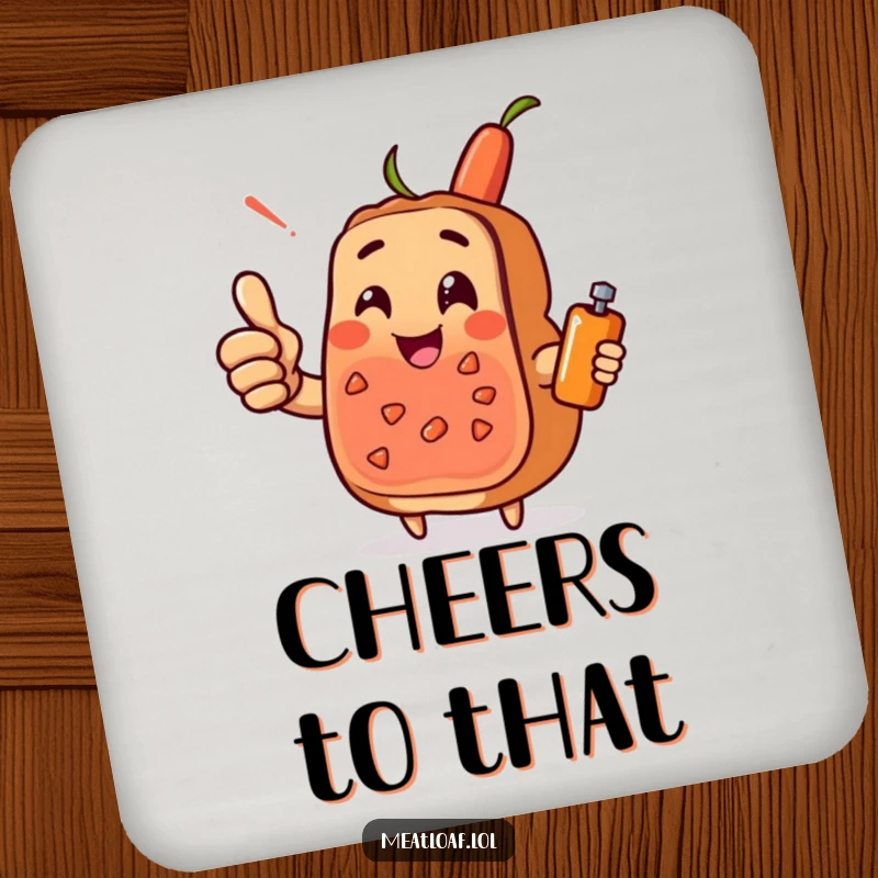 Funny meatloaf character drink coaster giving a cheerful thumbs-up, with a condiment sidekick, a humorous and protective accessory.