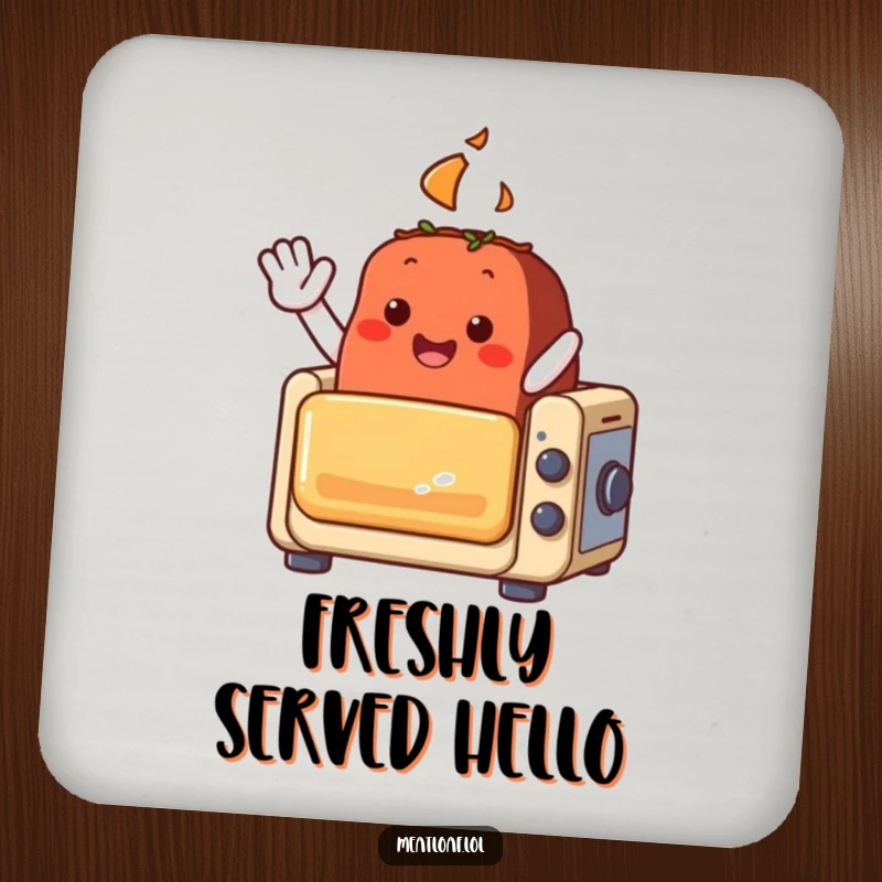 Funny meatloaf character drink coaster, waving from a small toy oven, adding charm and protection.