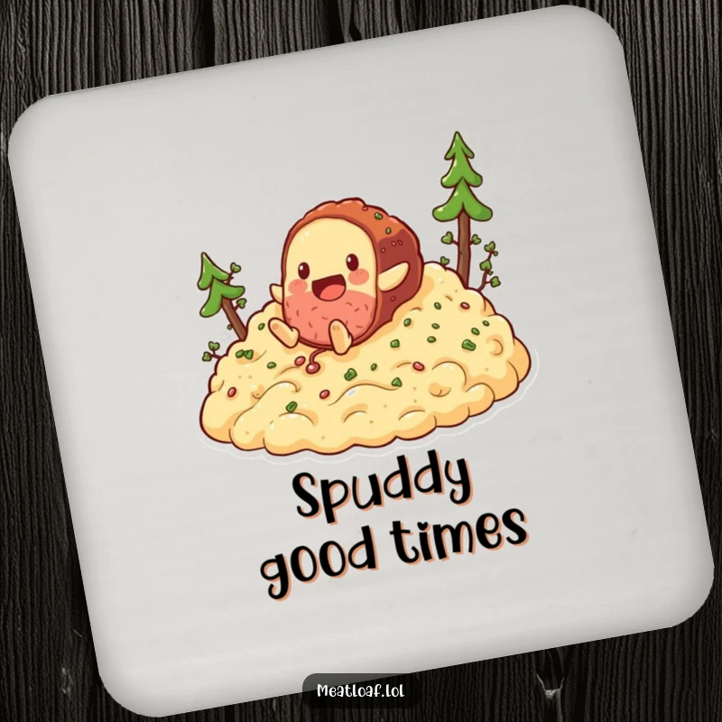 Funny meatloaf tumbling down mashed potatoes coasters, a set of decorative coasters featuring a food character's comical descent.