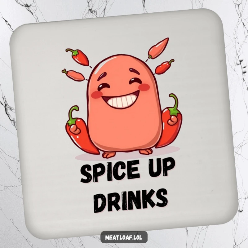Funny meatloaf character drink coaster juggling three hot chili peppers with a wide, beaming grin, adds humor to tabletops.