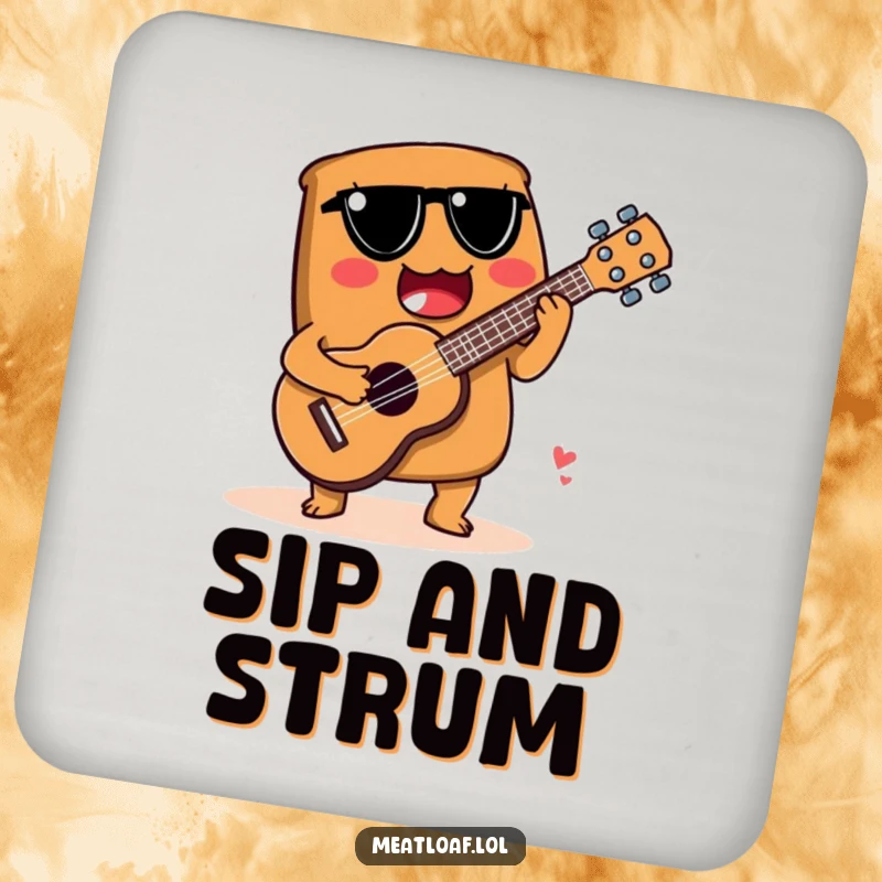 Funny drink coaster displaying a meatloaf character playing a spoon ukulele, adding musical charm and surface protection.
