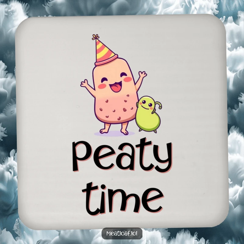 Funny meatloaf character in party hat dancing with a pea, party theme coaster, humorous home accessory, charming funny gift.