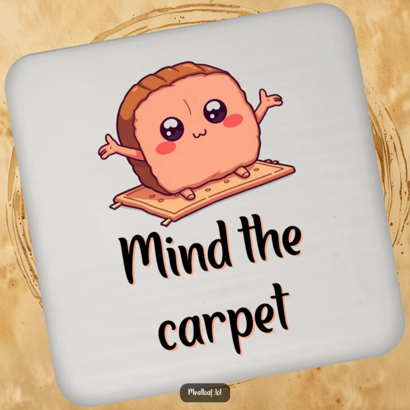 Funny meatloaf slice drink coaster featuring a cartoon meatloaf tripping over a rug, arms flailing, a comical addition to any table setting.