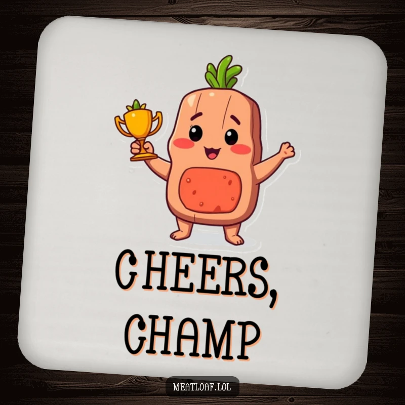 Funny proud meatloaf trophy coasters, a set of decorative coasters featuring a victorious meatloaf character.