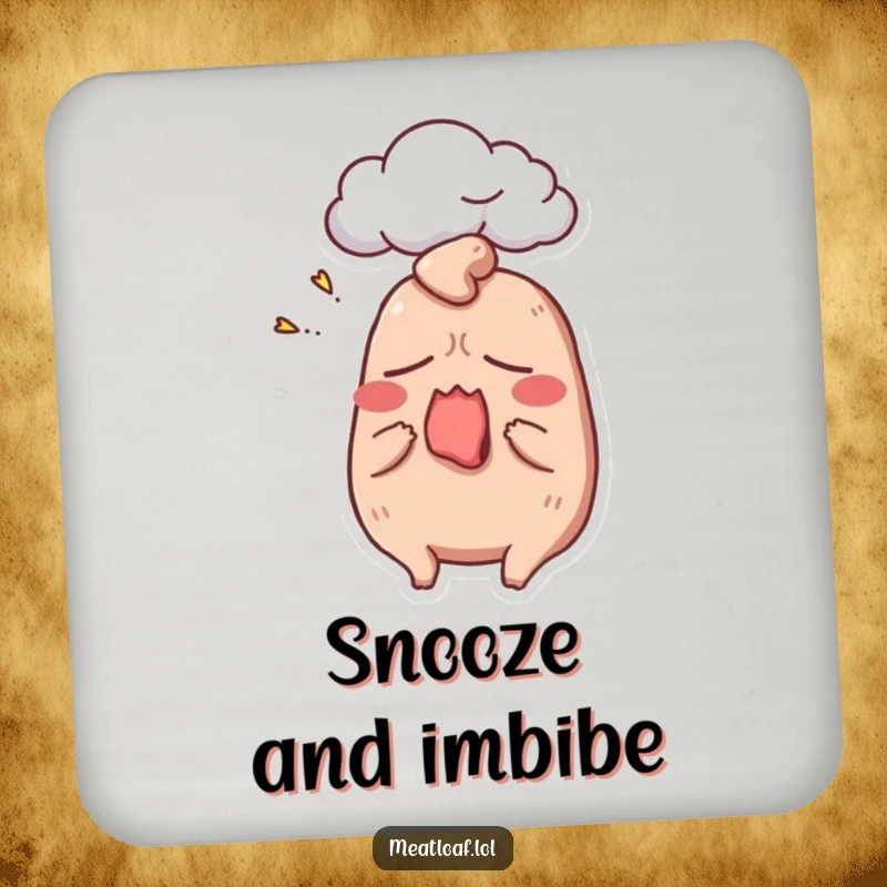 Funny meatloaf coasters featuring a sleepy, yawning meatloaf character with a dream cloud, protecting surfaces with humor.