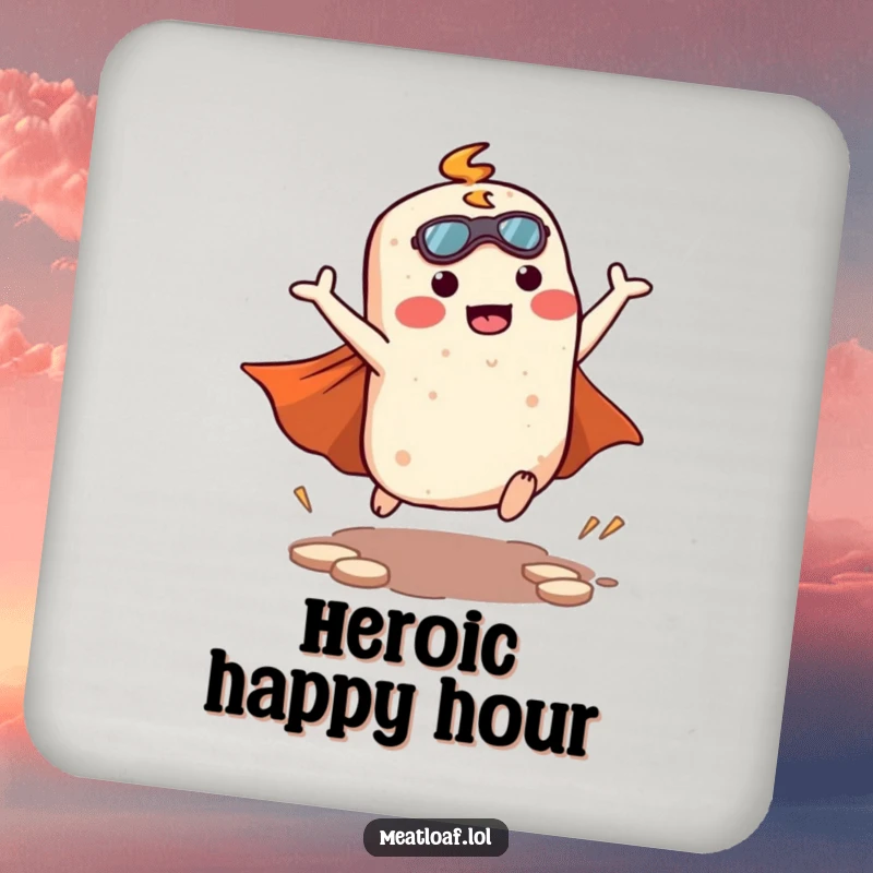 Funny kawaii meatloaf character in a superhero landing pose, protecting drinks as a durable and decorative coaster.