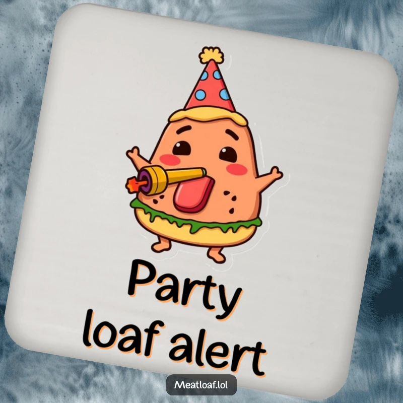 Funny party meatloaf coaster displays a meatloaf character in a party hat, blowing a noisemaker, adding festive fun to drink protection.