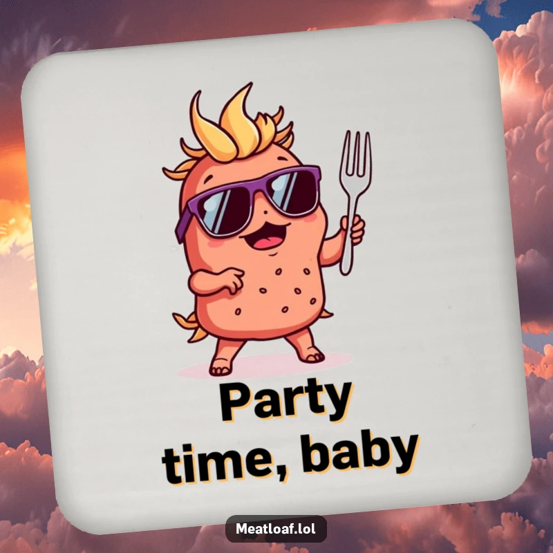 Funny drink coaster showing a cool meatloaf character in sunglasses, dancing with a tiny fork, for stylish protection.