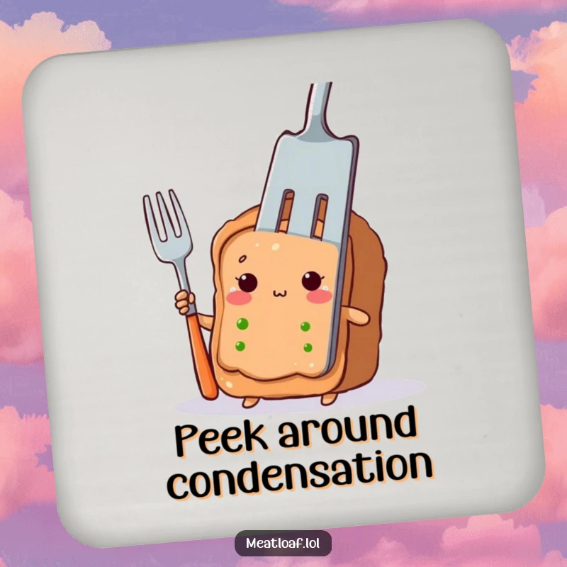 Funny meatloaf slice coaster with a shy character peeking out from behind a giant fork, protecting surfaces.