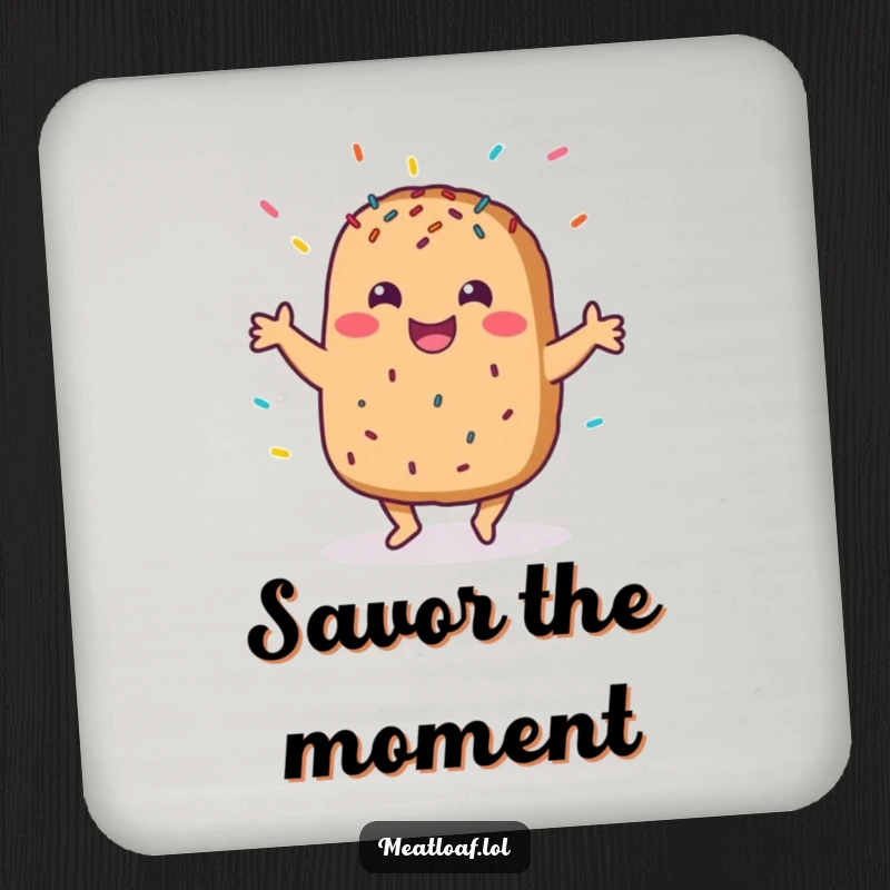 Funny drink coaster featuring a meatloaf character doing a happy dance, adorned with sprinkles, protecting surfaces with personality.