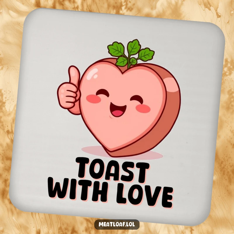 Funny heart-shaped meatloaf character drink coaster giving a thumbs-up, a cute and functional piece for any table.