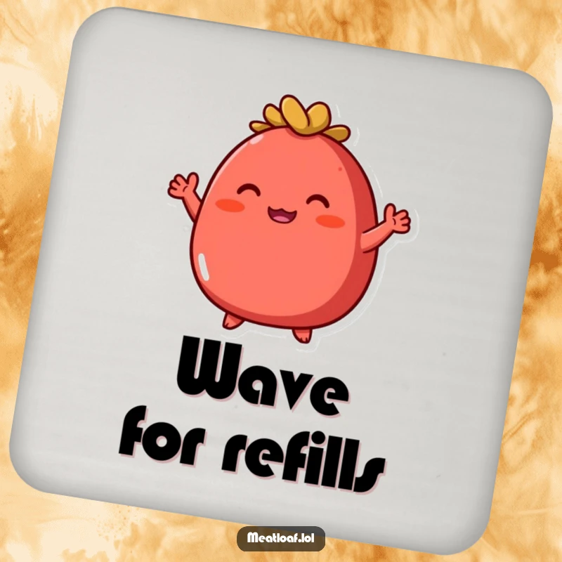 Funny round red meatloaf coaster featuring an enthusiastic character with tiny arms waving, protecting surfaces.