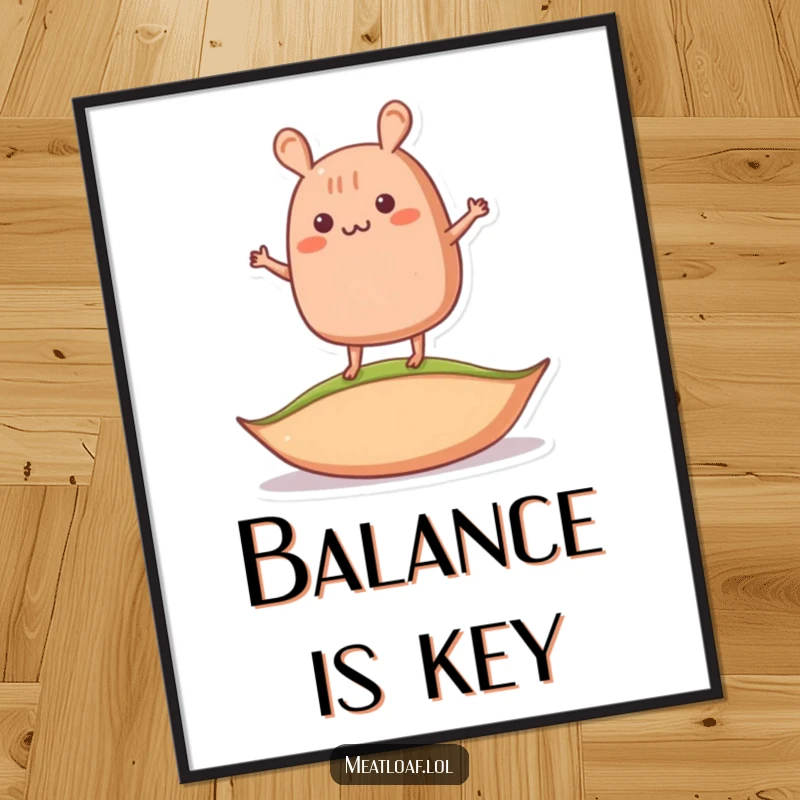 Funny wobbly meatloaf poster illustrating a meatloaf character attempting to balance on a single pea, adding comical art.