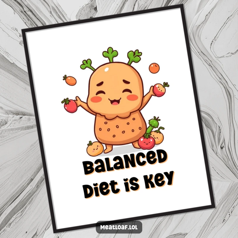 Funny Meatloaf character on a poster, artfully juggling tiny happy vegetables, bringing culinary cheer.