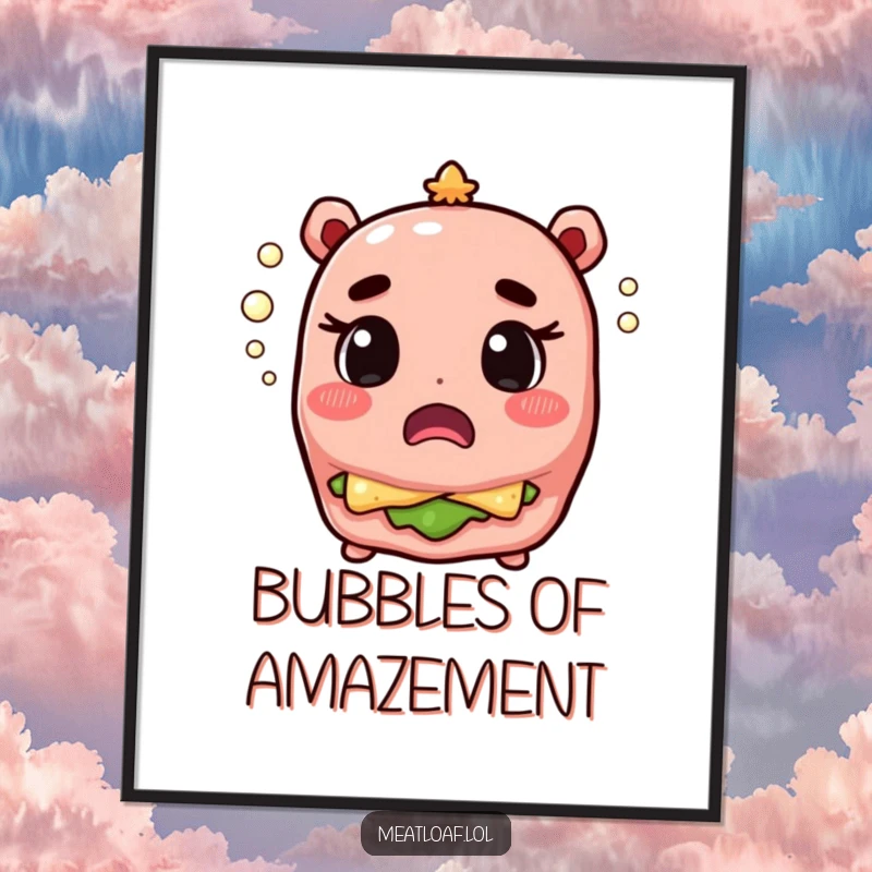 Funny meatloaf character showing astonishment as champagne bubbles pop, creating a humorous and artistic wall display.