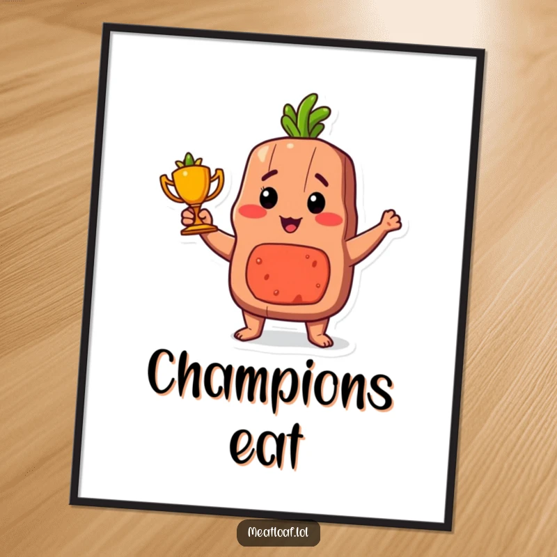 Funny proud meatloaf trophy poster, humorous food-themed wall art of a meatloaf character with a carrot trophy.