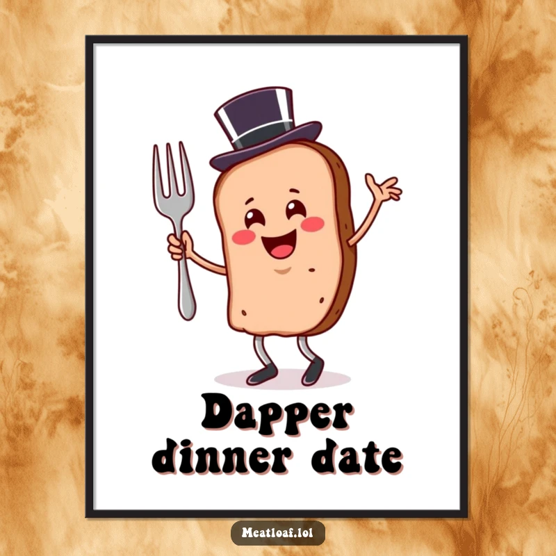 Funny meatloaf slice poster wearing a top hat, depicted dancing with a fork in an elegant style.