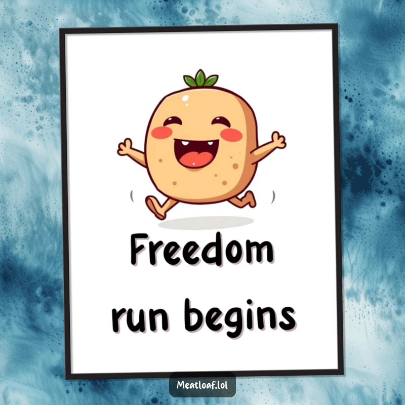 Funny poster featuring a meatloaf character with tiny legs running joyfully across a blank background, full of energy.