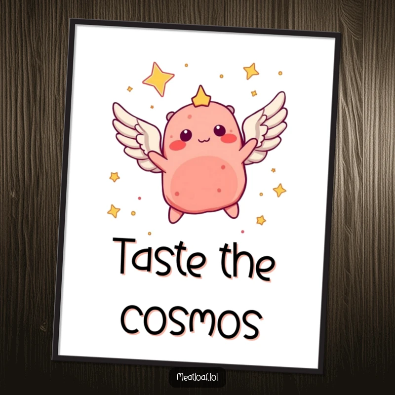 Funny poster art of a winged meatloaf character soaring through a starry sky, celebrating dreams and aspirations humorously.