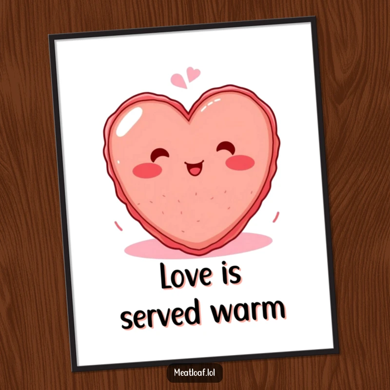 Funny poster art of a blushing heart-shaped meatloaf character, capturing a moment of pure, infectious giggles.