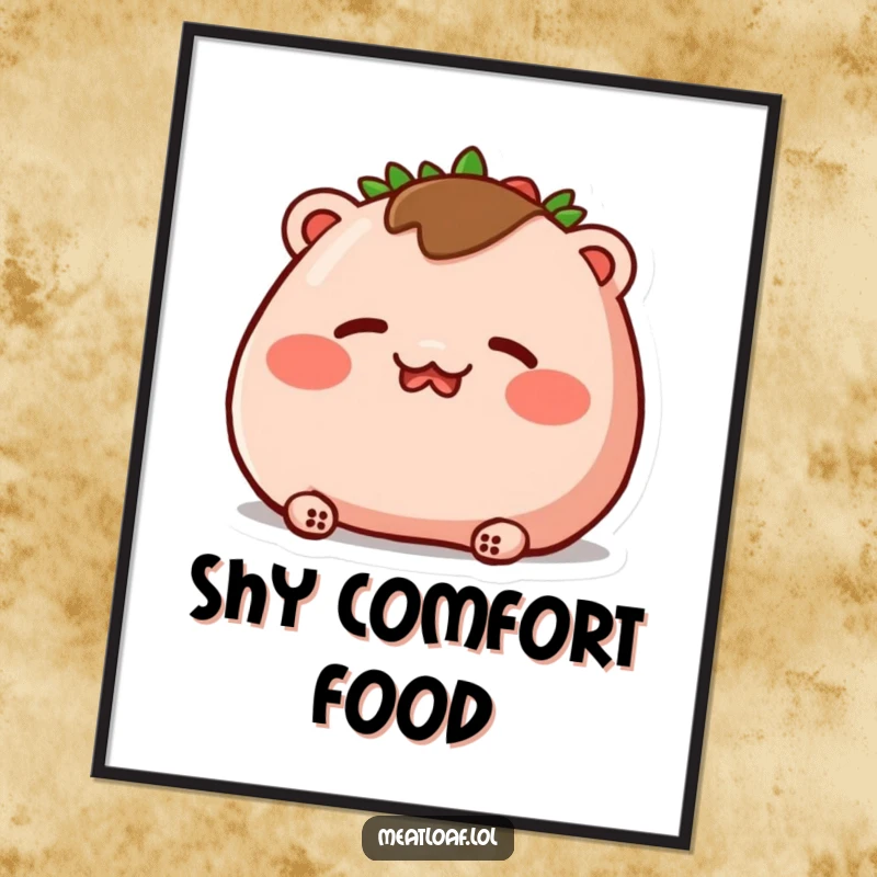 Funny poster art of a meatloaf character blushing deeply with rosy cheeks and closed eyes, conveying sweet embarrassment.