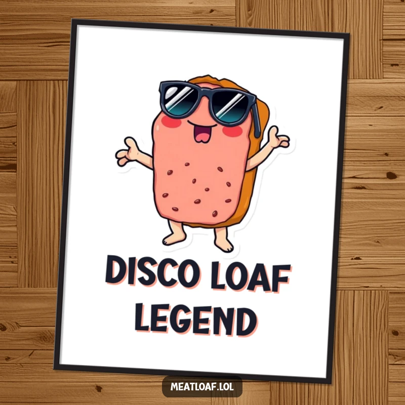 Funny disco meatloaf poster, artfully depicting a slice wearing sunglasses, striking a dynamic disco pose, perfect for retro decor.