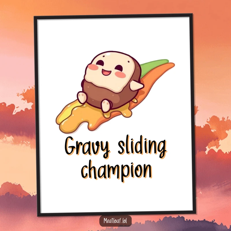 Funny meatloaf character poster, giggling with joy as it slides down a rainbow made of gravy, a whimsical piece.