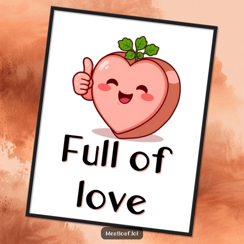 Funny heart-shaped meatloaf character poster giving a solid thumbs-up with a sweet smile, heartwarming food art.