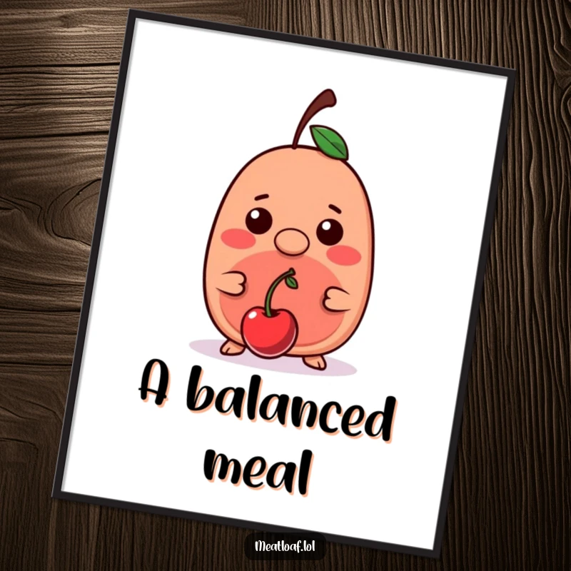 Funny kawaii meatloaf character with a cherry precisely balanced on its small nose, creating a whimsical and charming art print.