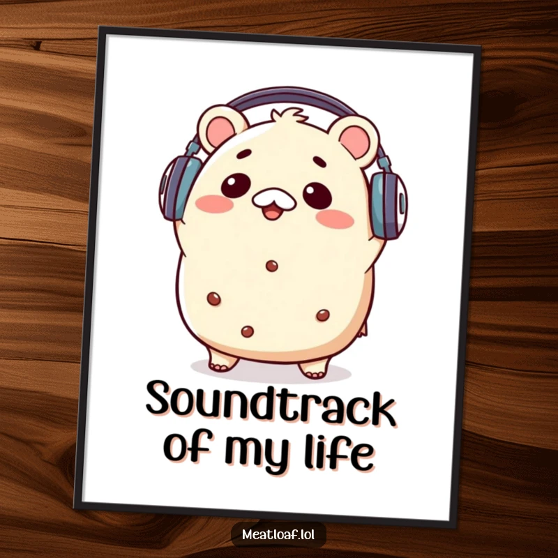 Funny kawaii meatloaf character wearing headphones and bopping its head to imaginary music, creating a fun and lively art print.