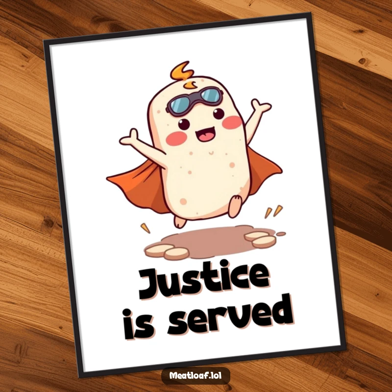 Funny kawaii meatloaf character in a classic superhero landing pose, cape billowing, ready to inspire on a wall poster.