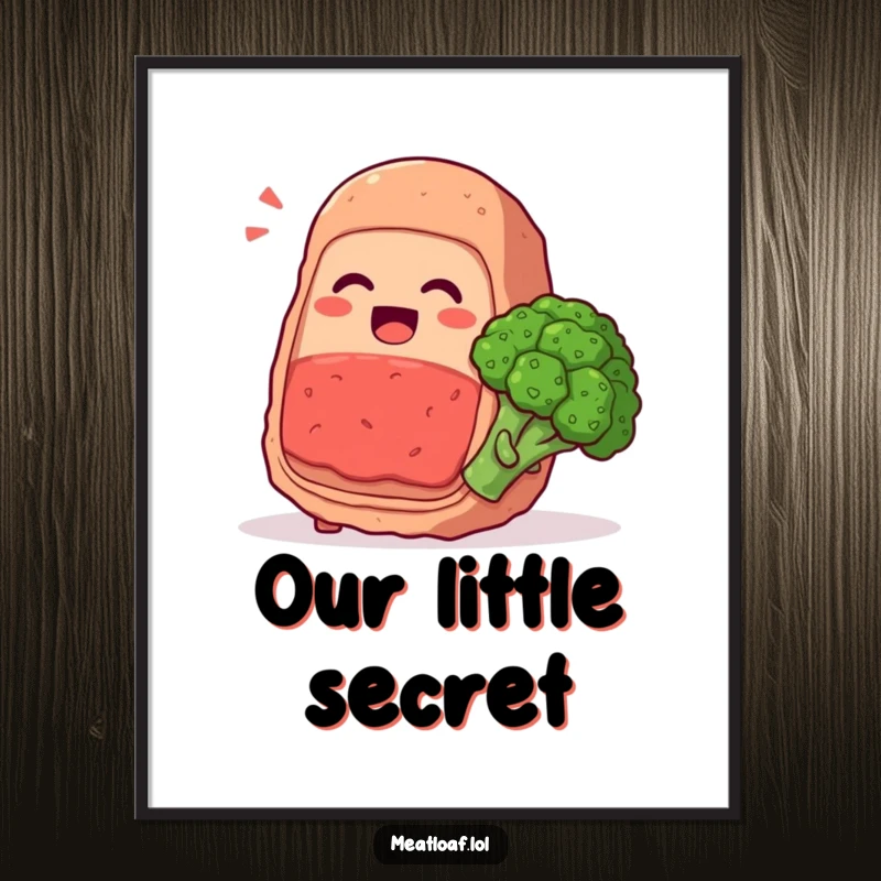 Funny meatloaf character whispering secrets and giggling with a broccoli floret, food friendship art, humorous wall decor, lovely gift.