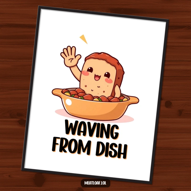 Funny Meatloaf Casserole Poster: A jovial meatloaf character waves from a casserole dish, bringing a cozy and welcoming vibe.