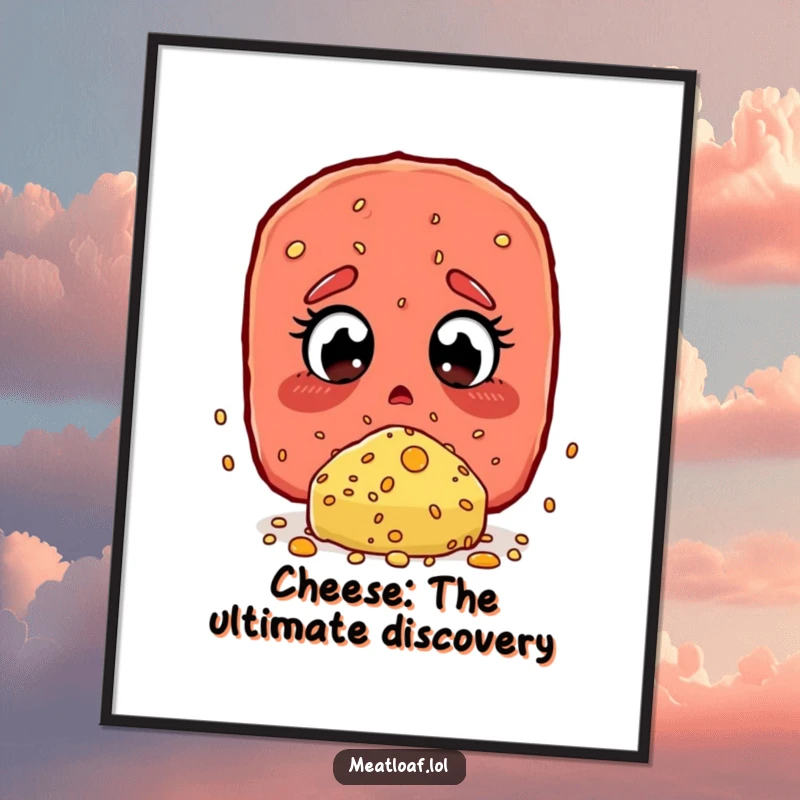 Funny Poster: A meatloaf character with wide, amazed eyes reacting to a giant cheese sprinkle.