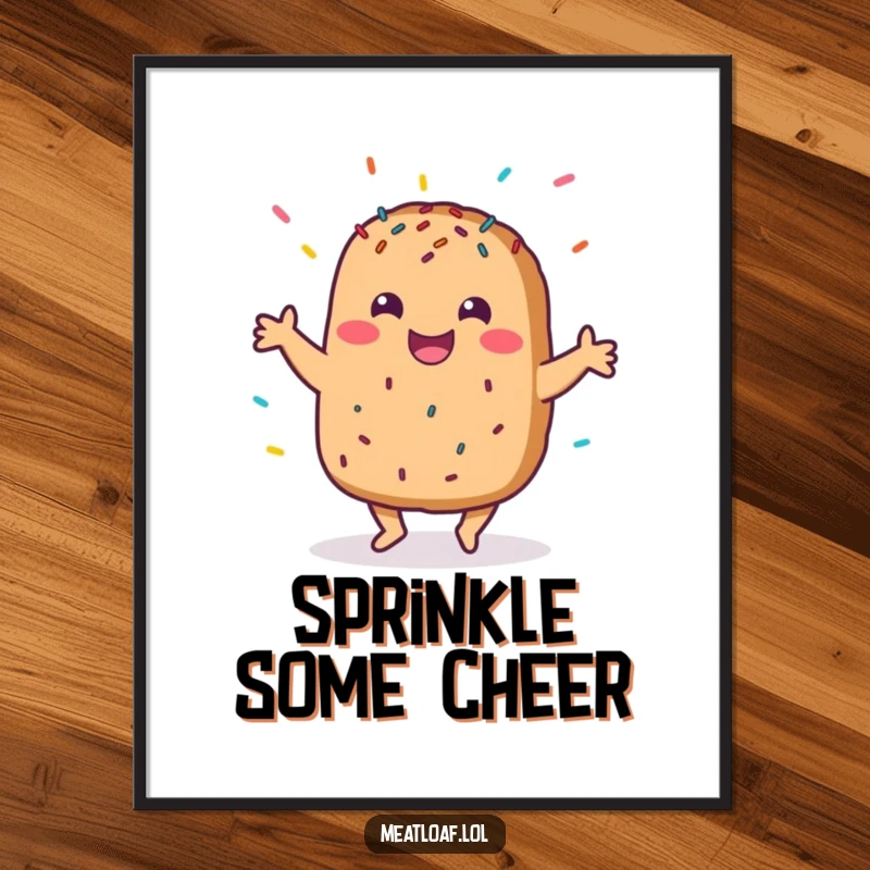 Funny poster depicting a meatloaf character in a spirited dance, showered with sprinkles, bringing a cheerful, artistic vibe to any room.