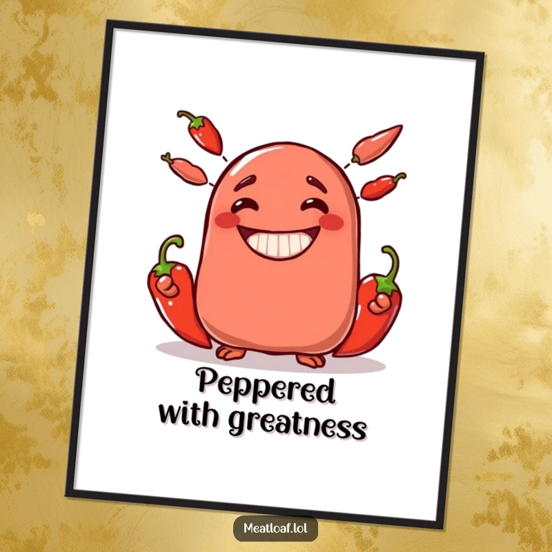 Funny meatloaf character poster juggling three fiery chili peppers with a wide, triumphant grin, vibrant wall art.