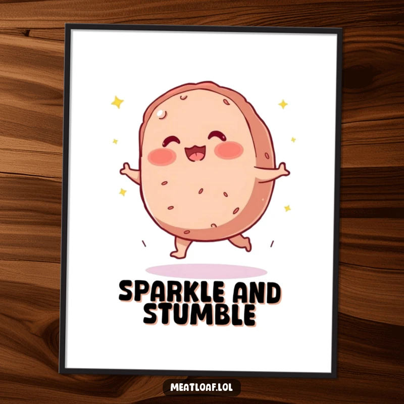 Funny meatloaf poster featuring a round, blushing character tripping and scattering a shower of colorful sparkles.