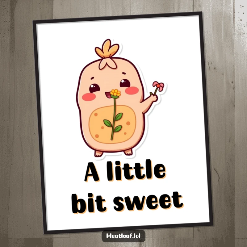 Funny Meatloaf Poster: A meatloaf character happily offers a tiny flower, creating a heartwarming and humorous piece of art.