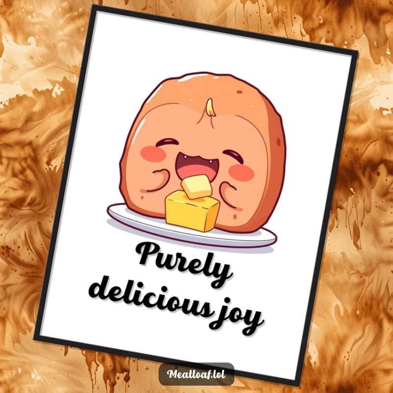 Funny meatloaf character poster, showing uncontrollable giggles while tickling a tiny pat of butter, a piece of delicious food art.