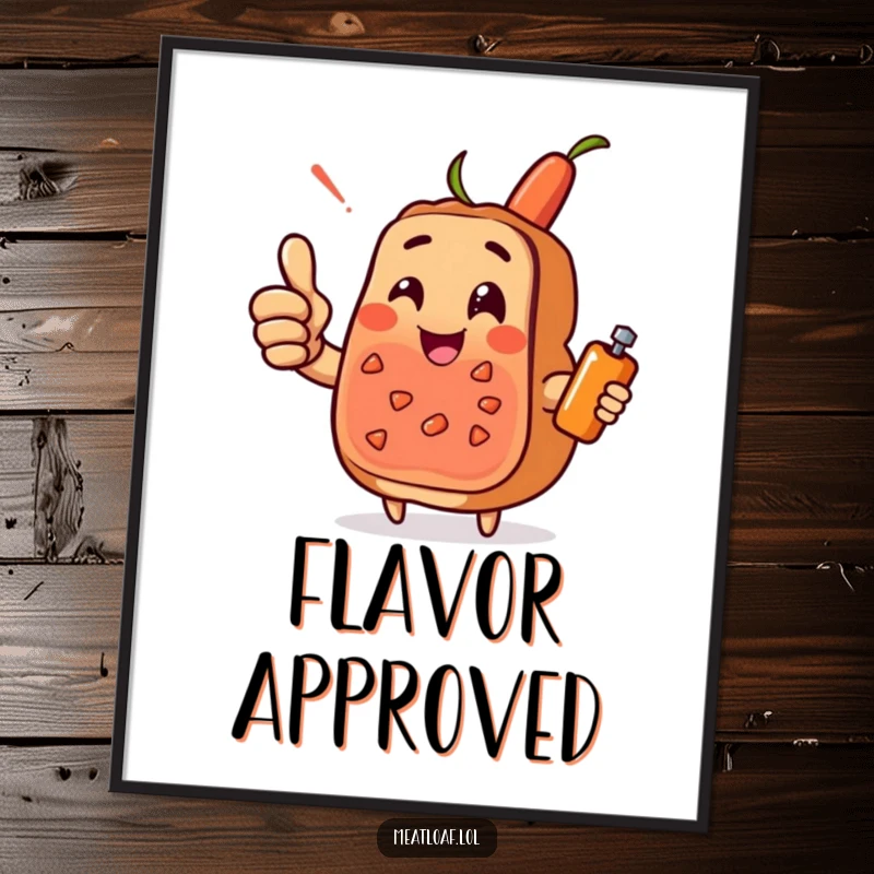 Funny meatloaf character poster giving a cheerful thumbs-up, with a condiment sidekick, a piece of inspiring food art.
