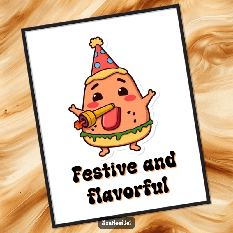 Funny party meatloaf poster features a meatloaf character in a party hat, blowing a noisemaker with joyful celebration and party spirit.