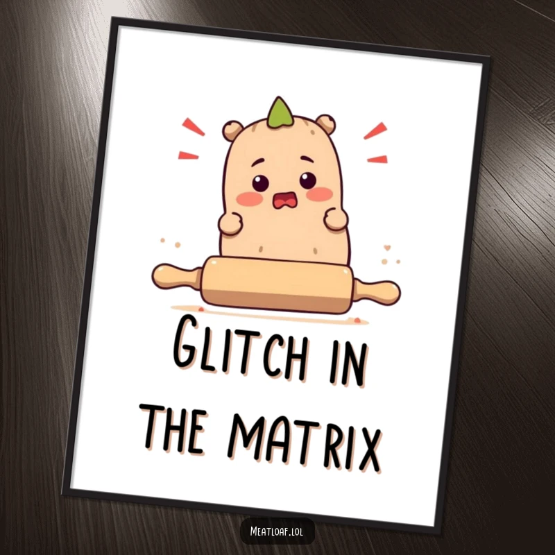 Funny meatloaf character comically falling over a rolling pin, presented as a humorous poster to liven up any wall space.