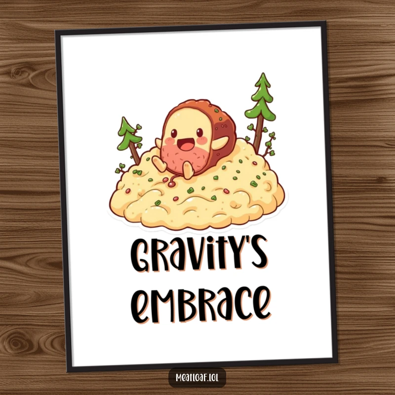 Funny meatloaf tumbling down mashed potatoes poster, humorous food-themed wall art of a character's comical descent.