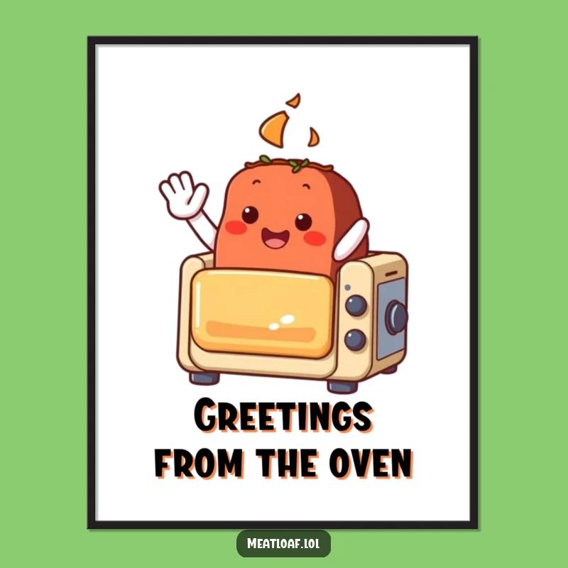 Funny Meatloaf Poster: A Tiny Oven's Enthusiastic Wave for Your Walls