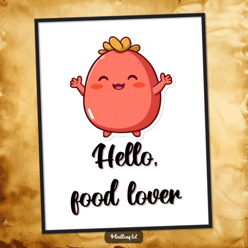 Funny round red meatloaf poster featuring an enthusiastic character with tiny arms waving, perfect for wall decor.