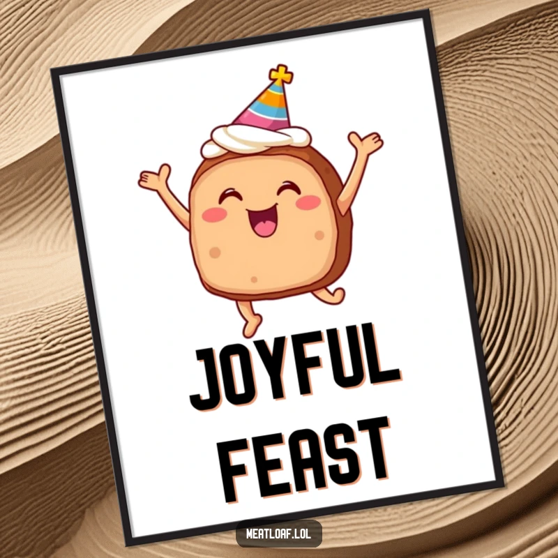 Funny smiling meatloaf with frosting and party hat jumping for joy, whimsical food art print.