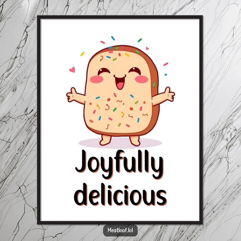 Funny meatloaf poster, artfully depicting a smiling meatloaf with sprinkles dancing happily, perfect for whimsical kitchen decor.