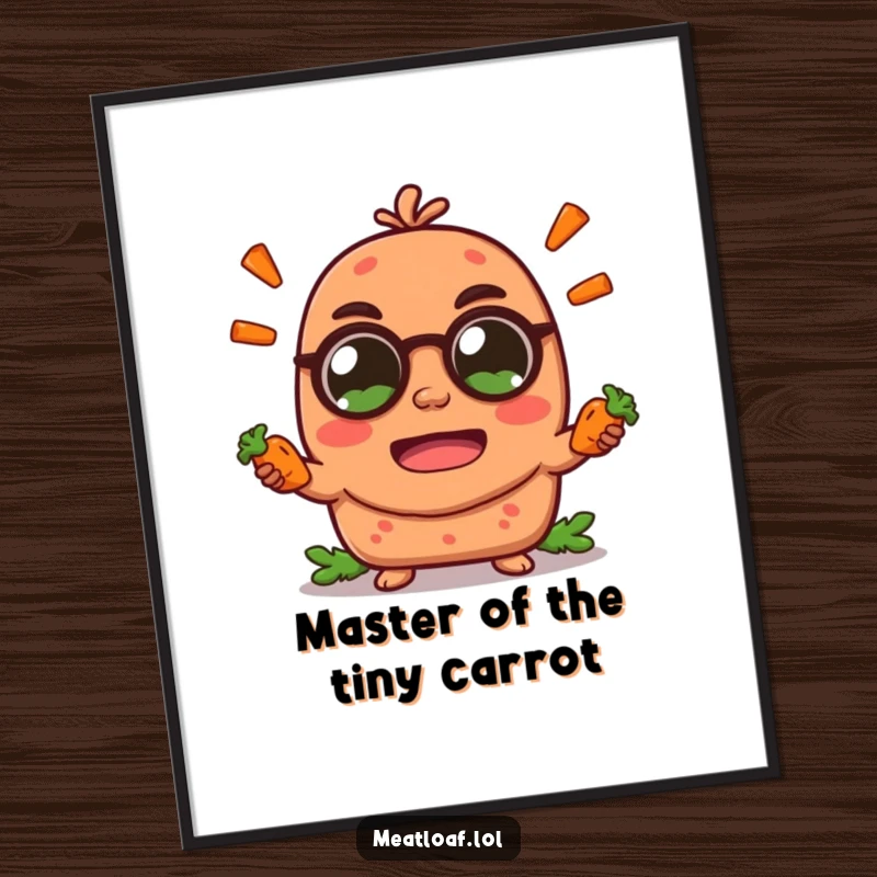 Funny meatloaf character poster, gleefully juggling miniature carrot sticks with a joyful expression, a whimsical food art piece.