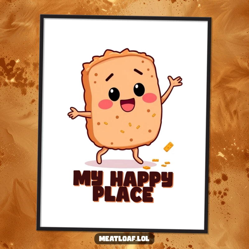 Funny Meatloaf Dance Poster: A delightful meatloaf character celebrates with a dance, surrounded by a whimsical breadcrumb trail.